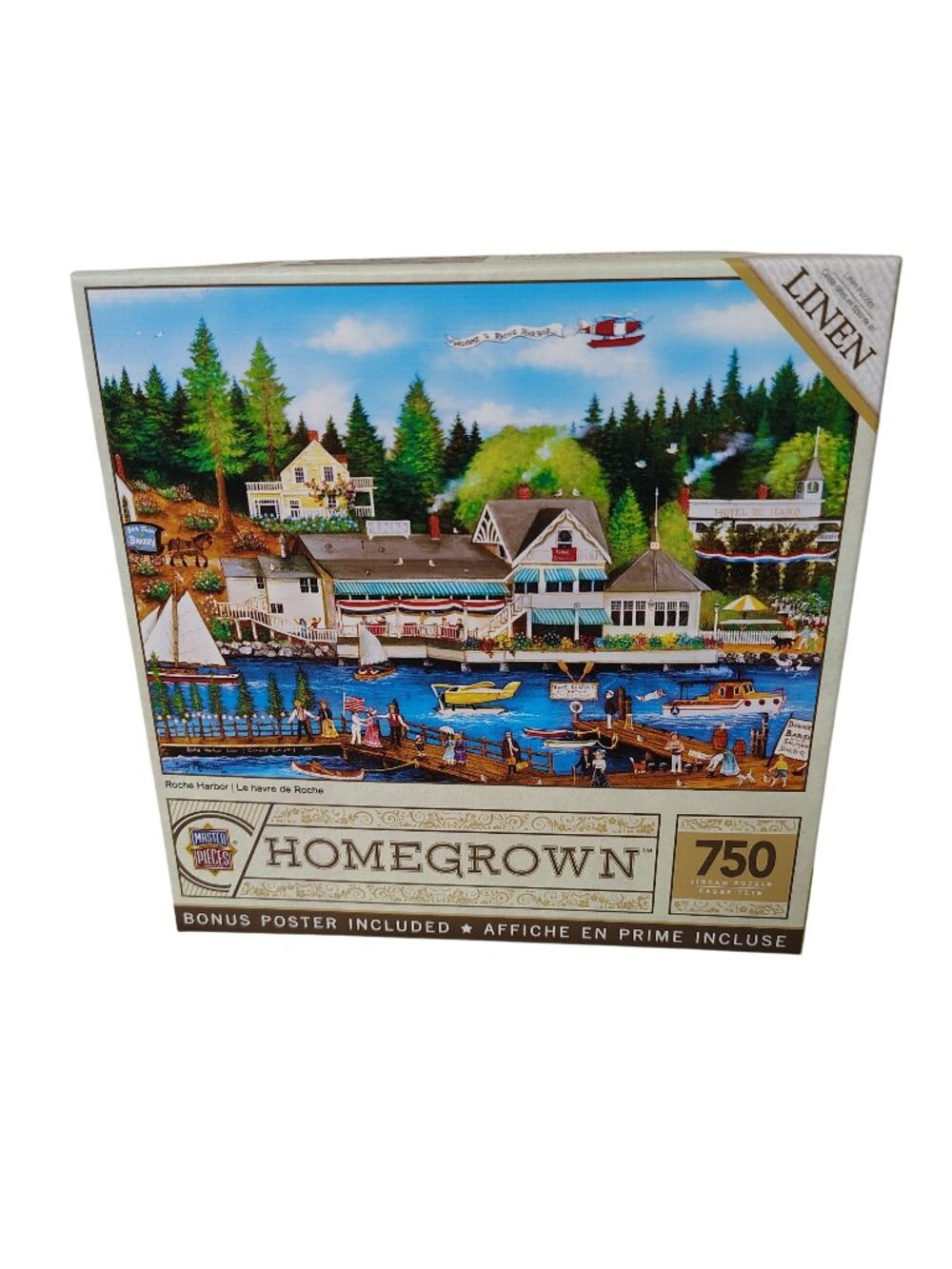 Masterpieces Homegrown Roche Harbor 750 Piece Linen Puzzle With Bonus Poster New